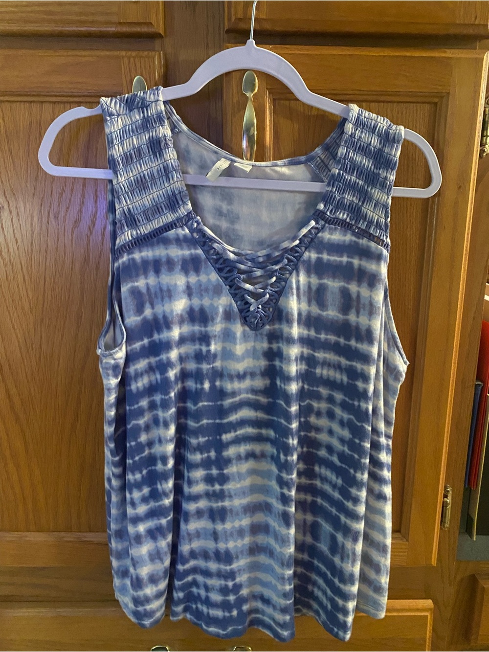 Blue Tie-Dye Lace-Up V-Neck Sleeveless Tank Top
